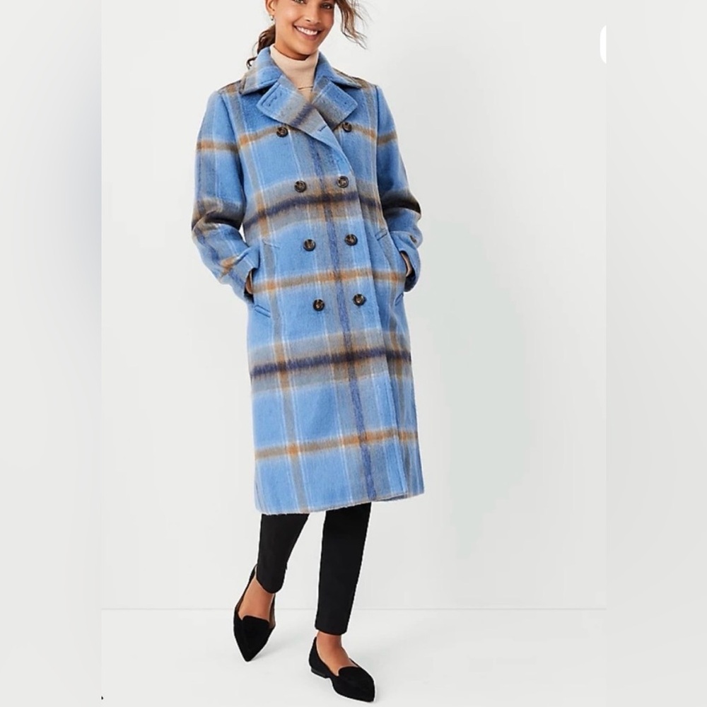 Ann Taylor Blue Plaid Double-Breasted Women's Coat, size medium - Picture 2 of 14